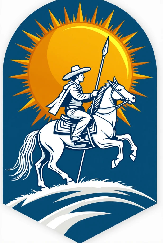 A logo, (Blue), golden sun in the center, a white gaucho riding a horse and wielding a spear below the sun,
