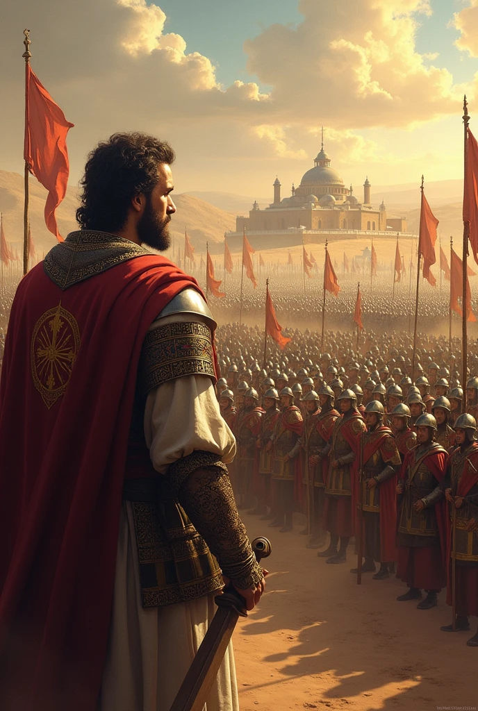 A battle between Templars and Muslims. King Baldwin IV stands in front of the Templars freeing. On the side of the Muslims is Saladin, leading them.