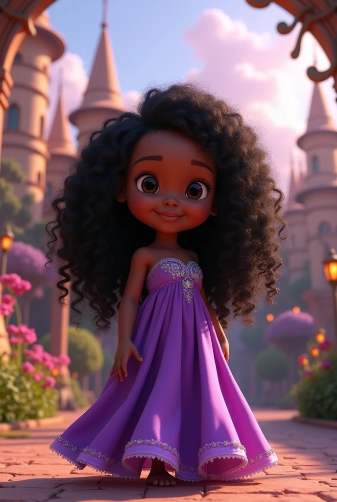 African baby Rapunzel with long black curly hair, with the purple dress Disney pixar cartoon with the background of a kingdom
