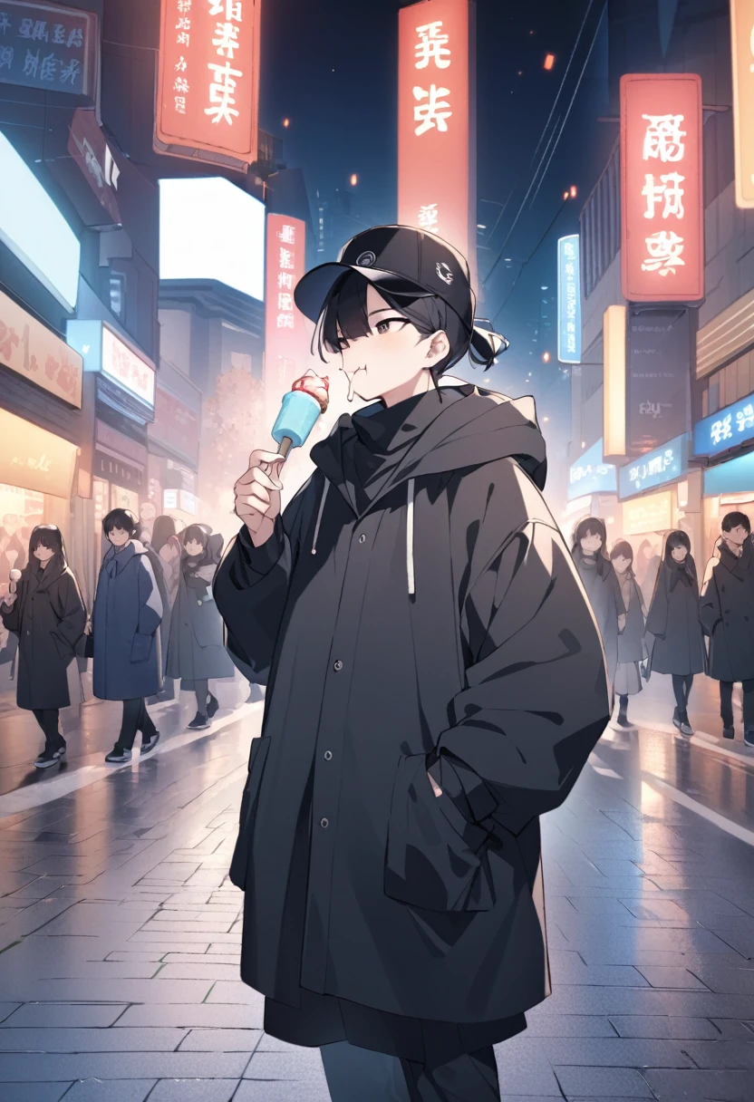 A chinese man aged 28 in baggy american disigner clothes that are all black, with a designer hat, who is eating an icecream in the streets of Beijing during the winter lights in a park
