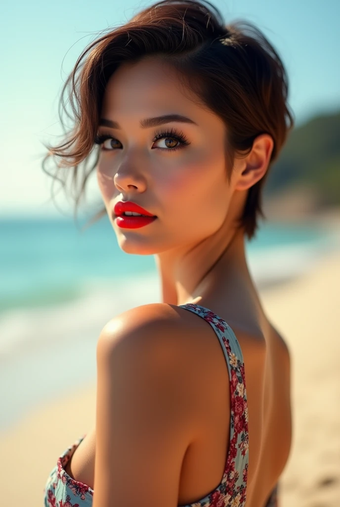 (nnlnnx_1985-1987_v1.4g:0.5), nnlnnx, Realism, Realistic, ultra realistic details: velvety skin, symmetrical lips, light glossy red_lipstick, long blue_eyelashes, pupils, BREAK, (clear sharp focus, not blurry, Realistic brown_eyes:1.35), short hair, (sharp focus:1.2), portrait, attractive young woman, (beautiful face:1.1), detailed eyes, luscious lips, (eye makeup:1.2). (tight body:1.2), wearing (flowery dress:1.2) at (the beach:1.2). (morning sun lighting:1.2), depth of field, bokeh, 4K, HDR. by (James C. Christensen:1.2|Jeremy Lipking:1.1).