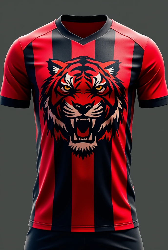 Create a football team kit that has the colors red and black, This team has a tiger as its representation, I want it to be modern and with lots of interesting details