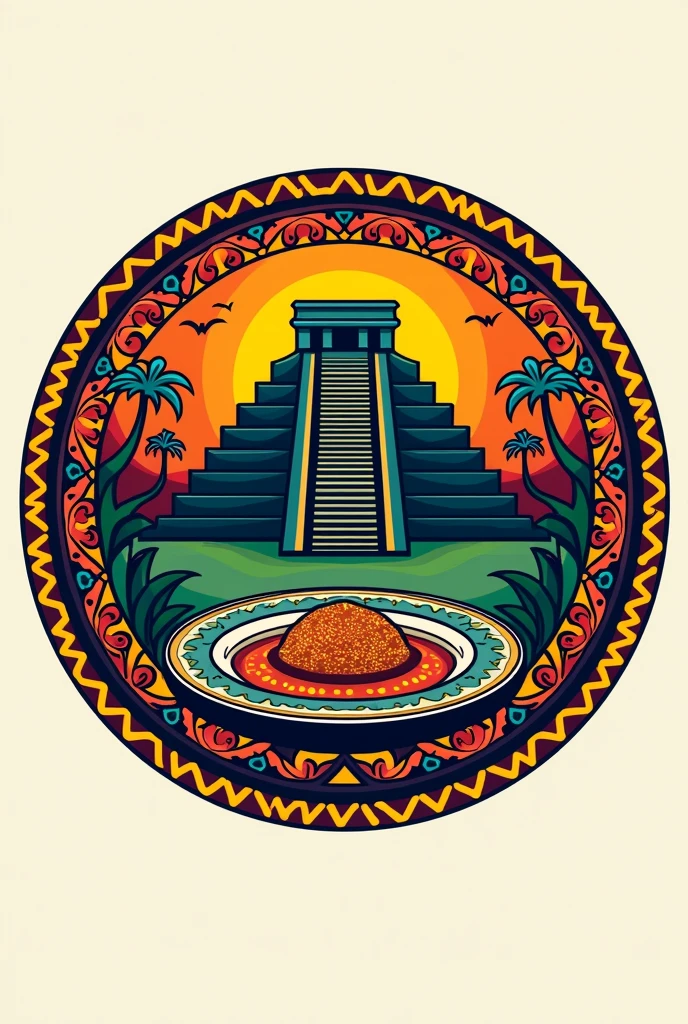 Colorful logo like the folkloric Mayans in a circle of a Mexican food brand that says Selene and that in the center image has a plate of chile en nogada and the pyramid of Chichén Itzá