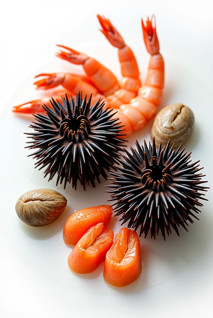 Give me sea urchins with seafood half on a white background