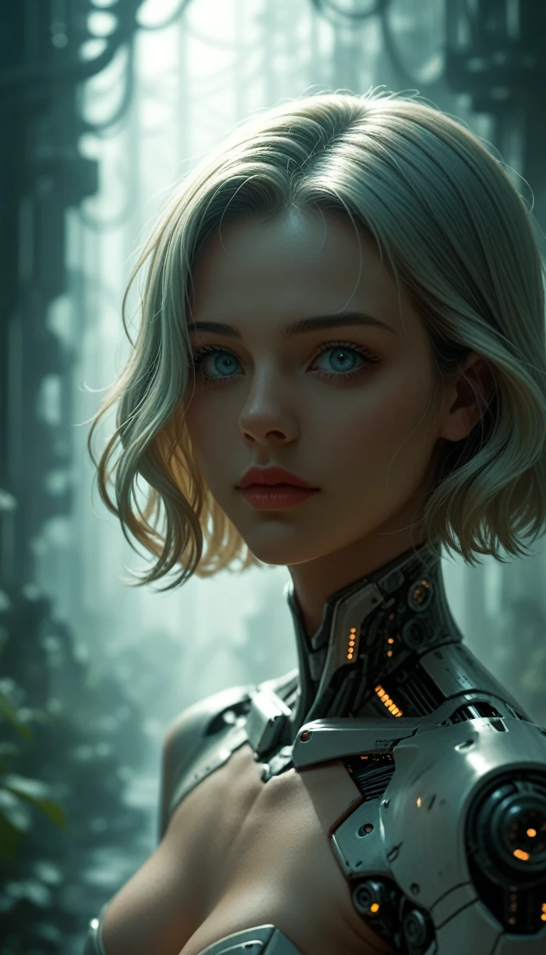 cinematic film still circuitboard, dark futuristic, noface, (nature art by Fujishima Takeji:0.7) , beautiful, cyborg, concept art, at Blue hour, Detailed illustration, hard light, F/8, extremely beautiful, 50mm lens, 8, focused on eyes, natural lighting, shallow depth of field, vignette, highly detailed, high budget Hollywood film, cinemascope, moody, epic, gorgeous,