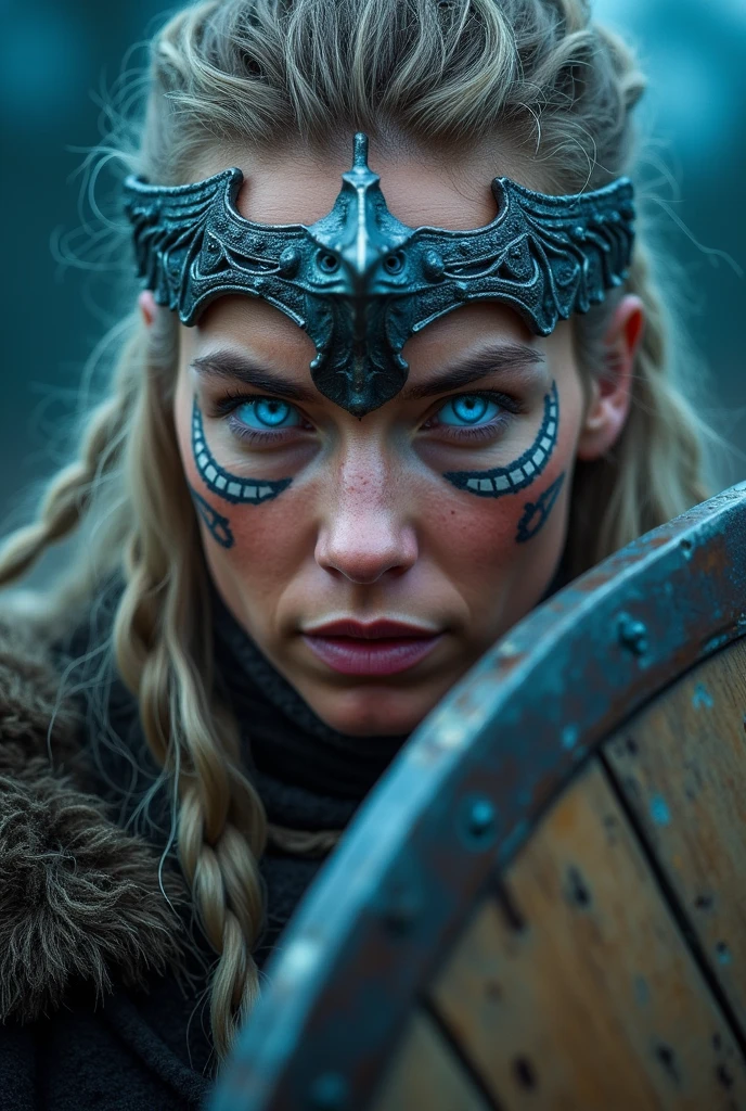 Close up face beautiful viking woman, wooden shield in hand , strong blue light in the eyes, eagle crown , tribal design on the eyes, Angry, bone ornaments on the neck, battle armor, focused, braids in hair