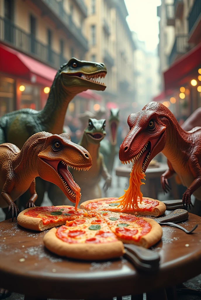 Dinosaurs eating pizza at milan