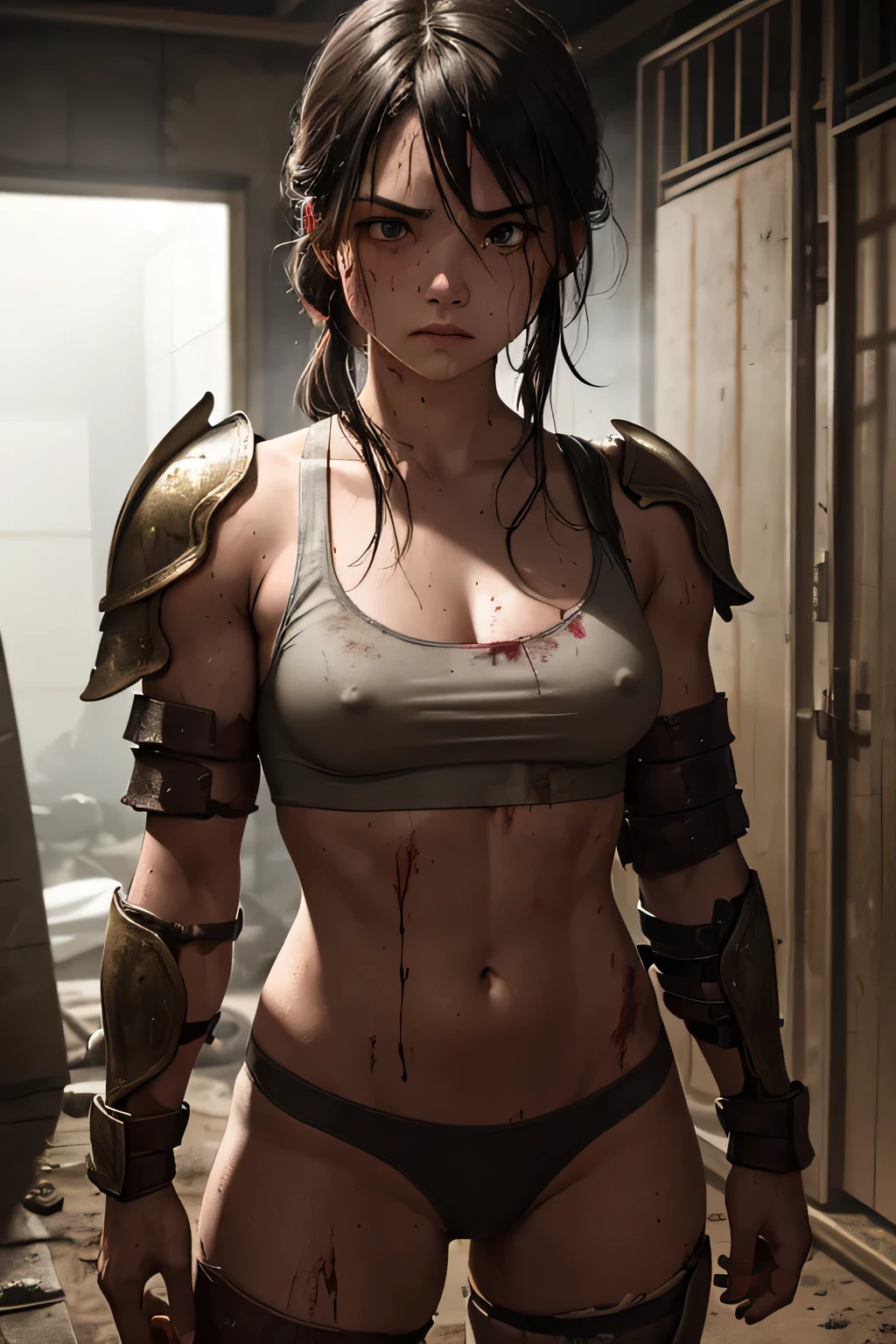 "A young, muscular female warrior in sweat-soaked, dirt-stained undergarments, standing in a dimly lit changing room. Her body is smeared with mud, blood, and sweat, reflecting the intensity of battle. Nearby, her blood-splattered armor lies discarded, her fierce eyes showing exhaustion and strength."