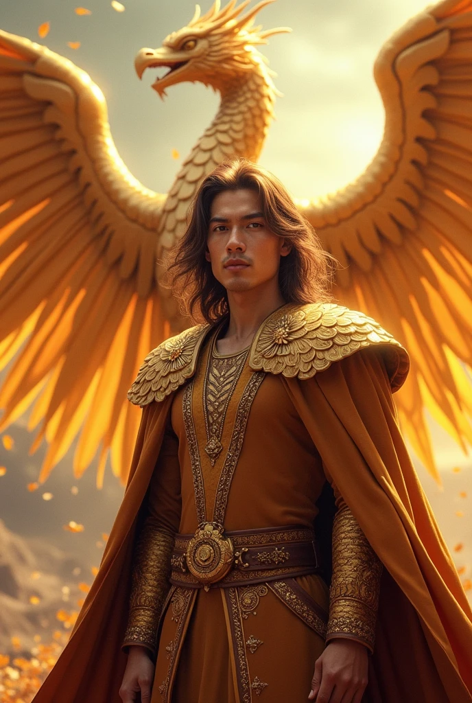 A prince.

Her brown hair and her honey-colored eyes.
Behind him a golden-colored dragon phoenix.
Must have American features.