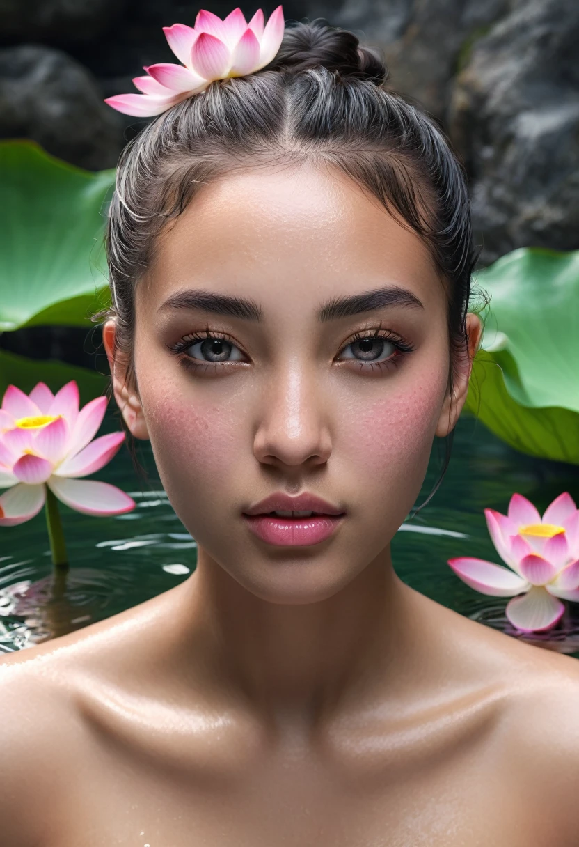 Hight resolution, 1 beautiful mixed girl, Rounded face, sexy full body, close mouth, serious, lotus flower, extremely detailed clear grey eyes, Sexy belly,little nose, High wavy bun, blush, in natural hot spring, water vapor, realistic, top less, pink nipple, photorealistic, photo-realistic:1.37, best quality,4k,8k,highres,masterpiece:1.2,ultra-detailed,vivid colors,extreme detail description,professional