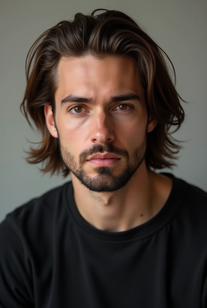 A white man with brown eyes and long brown hair, goatee and a black t-shirt