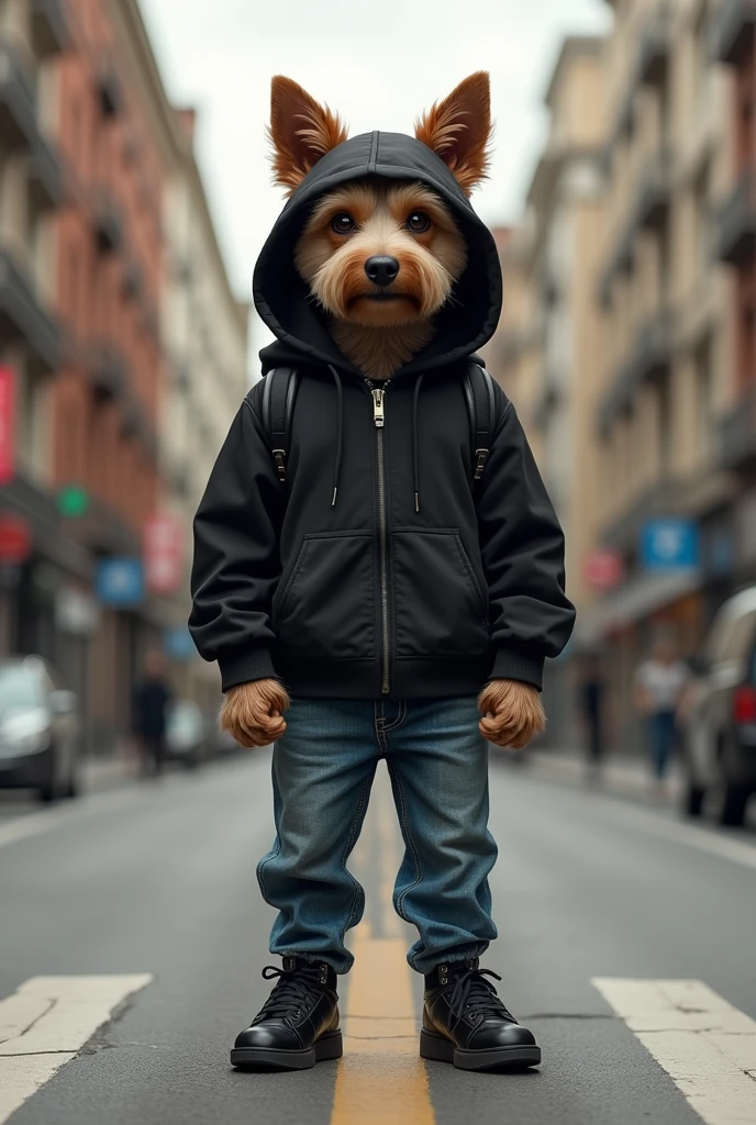 Dog with defined body with blouse that has a black hood on its head, jeans and black sneakers in the shape of a human in the middle of the street