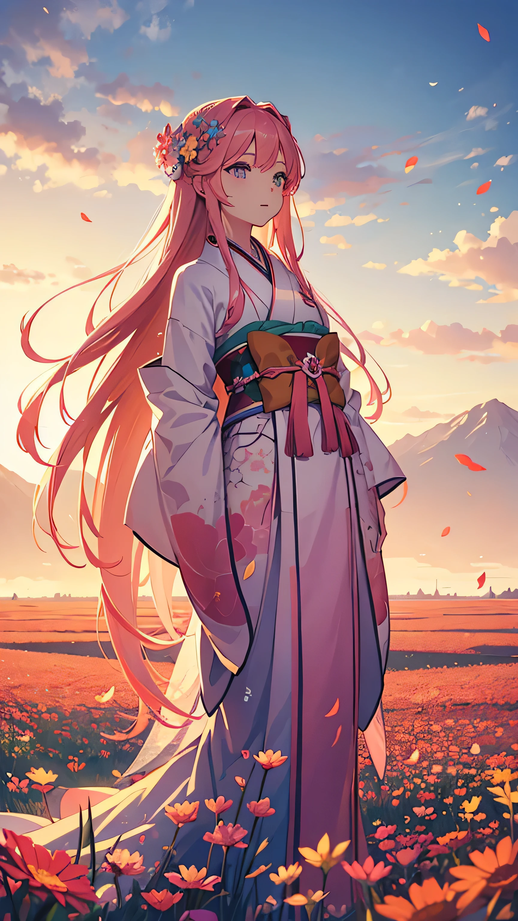 A vast field of flowers, vibrant colors, filled with various types of blooming flowers, sunlight shining down, gentle breeze, a small figure of a young woman with long pink hair, wearing a traditional pink kimono, standing in the middle of the field, her back turned, facing the horizon, serene and peaceful atmosphere, anime style, detailed environment, soft focus on the character, wide shot, nature scenery