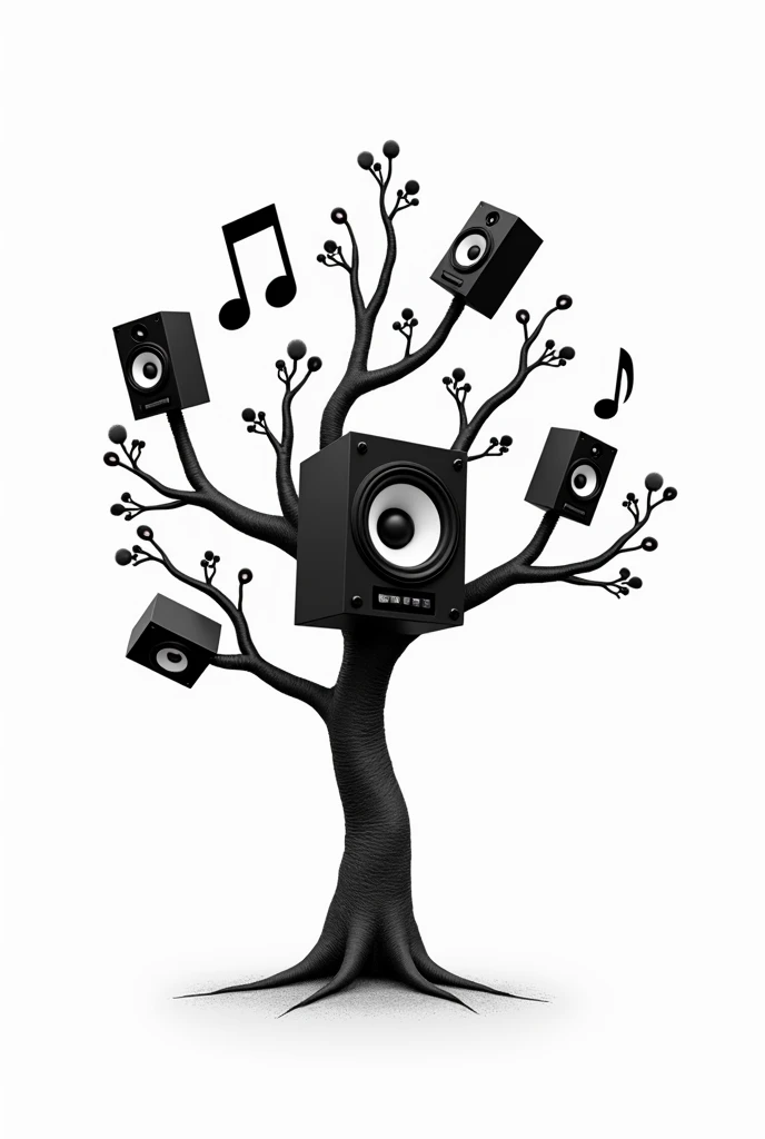 A black and white whimsical tree with a trunk that looks like a speaker, branches that resemble audio cables, and leaves made of musical notes
Replace leaves are branches with a speaker 
