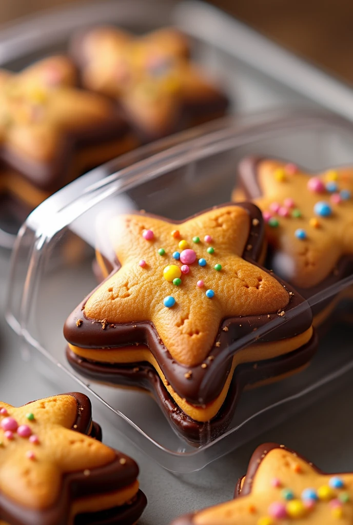 create a plastic cookie packaging, They look like star-shaped cookies filled with cheese and covered in chocolate with sprinkles.