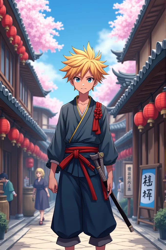 anime boy with blond hair in a japanese samouraï street
