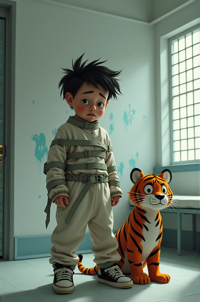 Calvin wearing a straitjacket in a mental hospital with Hobbes next to him