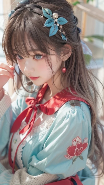 ((software: 1.4)), (software,彼女は白い刺繍の入った長いスカートをyesている, Red blouse with lace, A white apron is tied around her waist, Blue socks, Brown leather shoes.She has a blue scarf wrapped around her head. yes, Her accessories include necklaces., Earrings, bracelet. 1 girl)), Ultra-high resolution, (Realistic: 1.4), RAW Photos, Highest quality, (PhotoRealistic Stick), concentrated, Soft Light, (()),  ((Japanese)), (( (Young Face))), (surface), (Depth of written boundary), masterpiece, (Realistic), woman, bangs, ((1 girl))