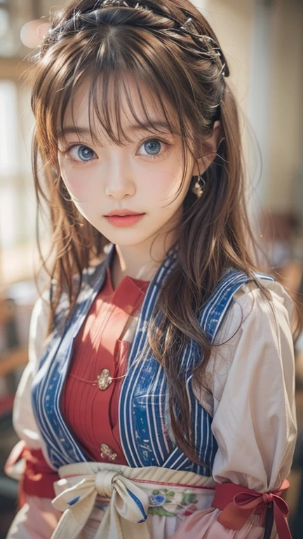 ((software: 1.4)), (software,彼女は白い刺繍の入った長いスカートをyesている, Red blouse with lace, A white apron is tied around her waist, Blue socks, Brown leather shoes.She has a blue scarf wrapped around her head. yes, Her accessories include necklaces., Earrings, bracelet. 1 girl)), Ultra-high resolution, (Realistic: 1.4), RAW Photos, Highest quality, (PhotoRealistic Stick), concentrated, Soft Light, (()), ((Japanese)), (( (Young Face))), (surface), (Depth of written boundary), masterpiece, (Realistic), woman, bangs, ((1 girl))