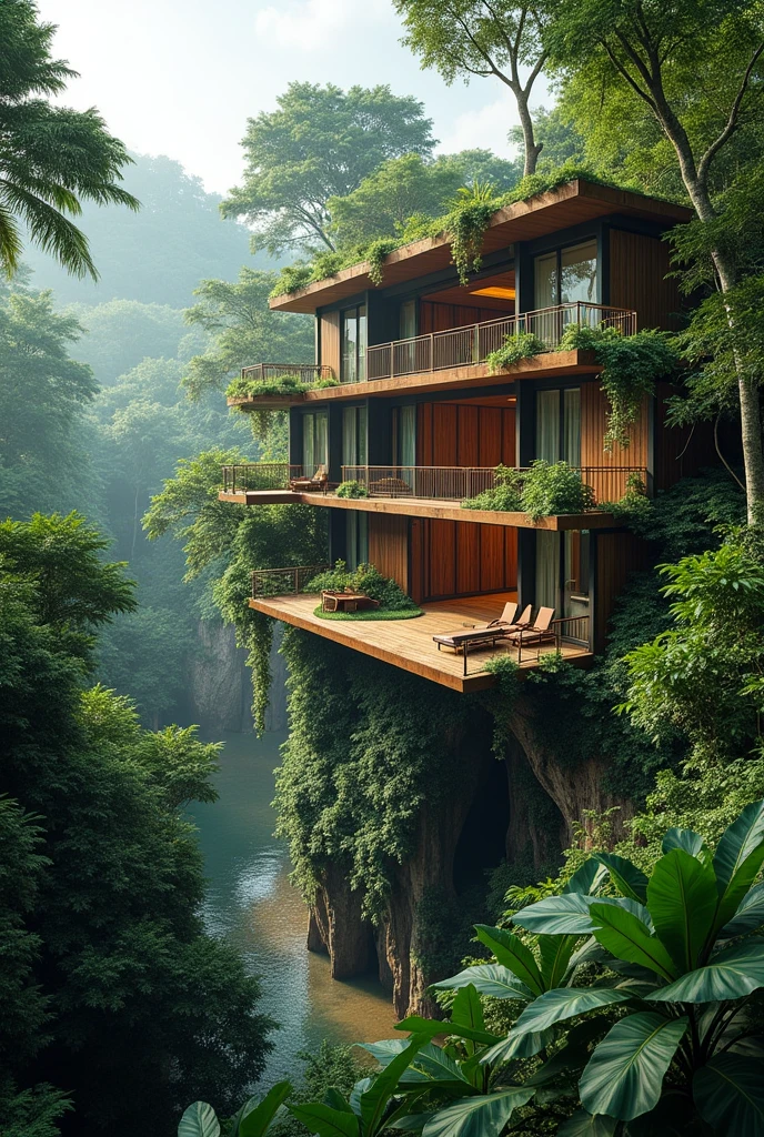 Large hotels in the tropical Amazon rainforest with elevated and sustainable construction but at the same time modern and with the culture of the area