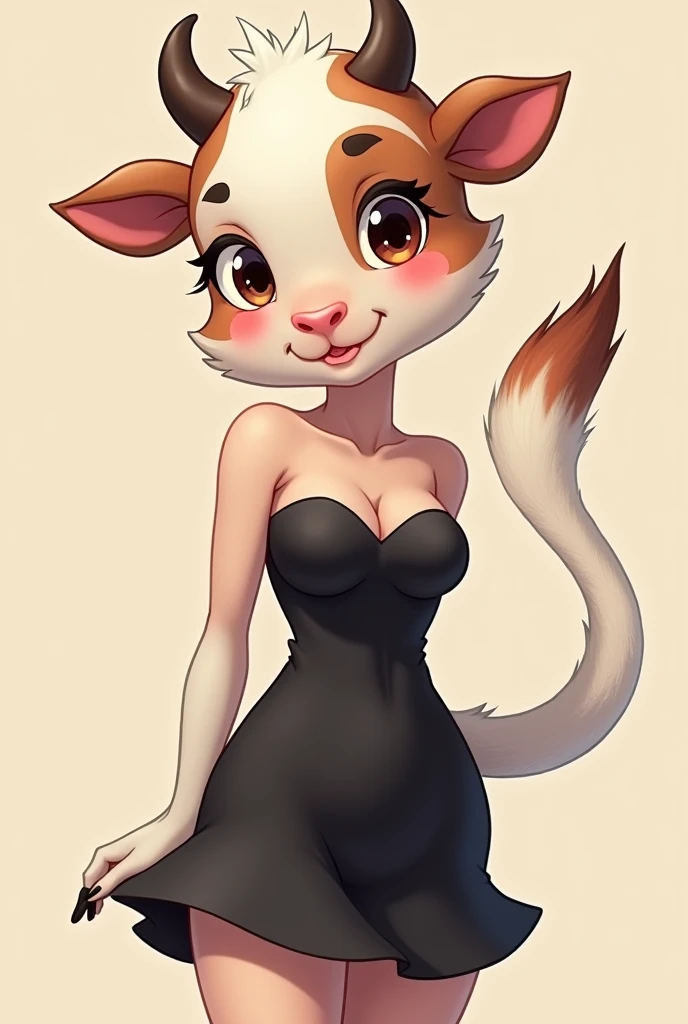 A totally furry cow, pose gentil, wearing a sexy black dress, anime style, closeup 