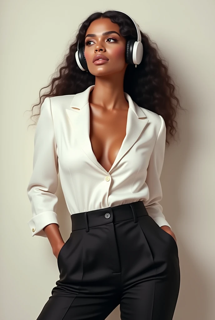 Create a standing portrait of a curvy dressed in white Black woman with beautiful caramel skin. She is listening to music with stylish, luxury headphones inspired by Kim Kardashian