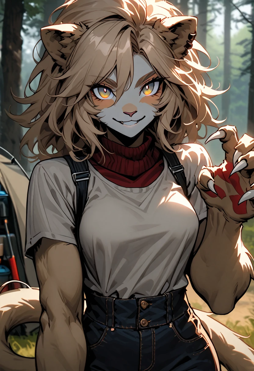solo female, lion girl, lion ears and tail, short wild sandy hair, hazel eyes, fit, broad shoulders, narrow waist, curvaceous, tomboy, smile, furry claws, casual clothes, underbrush, outdoors, camping, close up, muscular:0.3, furry forearms