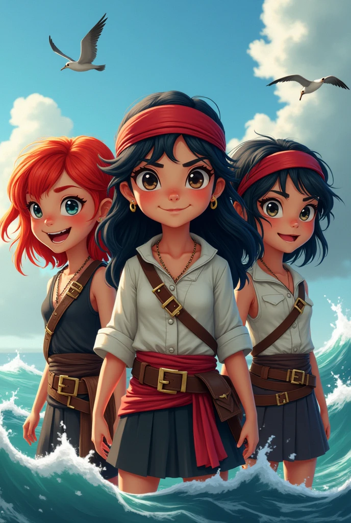 Three child pirate girls two with red hair and one with black hair