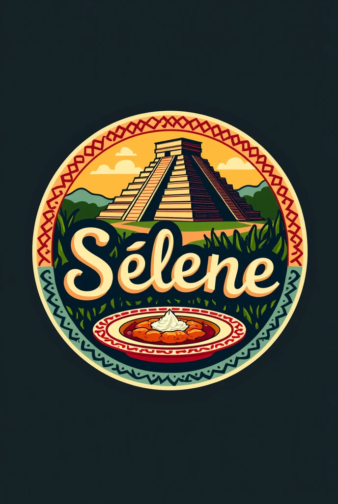 Colorful logo like the folkloric Mayans in a circular shape for a Mexican food brand that says Selene in elegant typography and that in the center image has a plate of chile en nogada and the Chichén Itzá pyramid