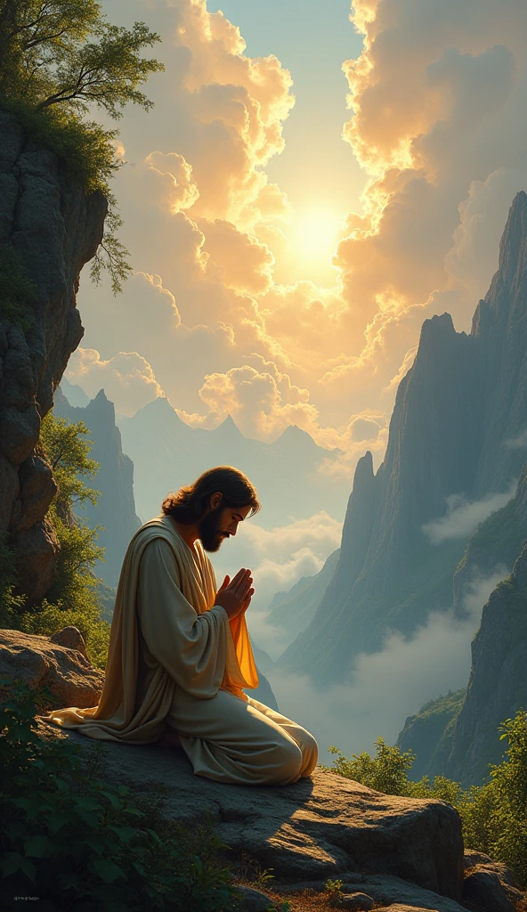 CREATE IMAGES of Jesus Christ in prayer in a beautiful place 