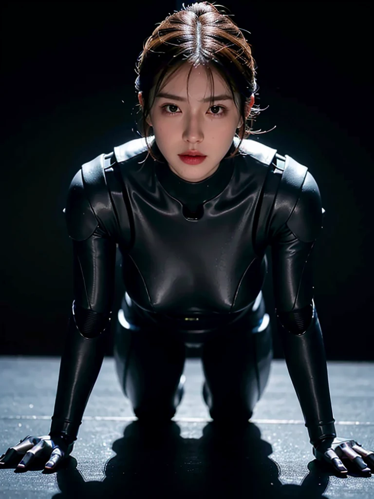 Very detailed and intricate 3d rendering of a handsome ceramic silhouette male robot face，Body tights，Shiny blue band，사이보그 person들，Cyborg robot parts，mechanical arm，Mechanical bridge，looking at viewer，150mm，soft lighting，Rimlight，vivid details，classy cyberpunk，ultra realistic realism，complete anatomy，facial muscles，tight，cable electric wires，microchip，elegance，Nice background，Rendering with high octane，HR Giger Style，8k，best quality，masterpiece，enlightenment，He is very stylish and handsome.，very detailed，CG，unified，Wallpapers，（In reality：1.37），A surprising split，in detail，masterpiece，best quality 최고의，very detailed ，Telegraph slang，stand on all fours，seduction pose，Abs，chest muscles，(person:1.7)