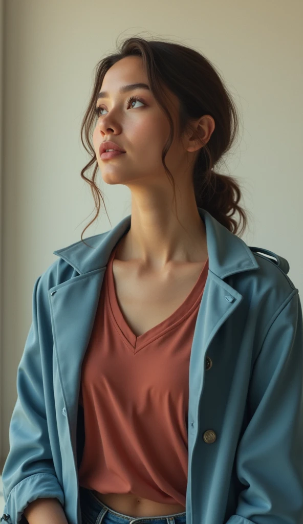 A very beautiful modern Virgin Mary  , Reddish beige T-shirt and blue coat, ponytail, 