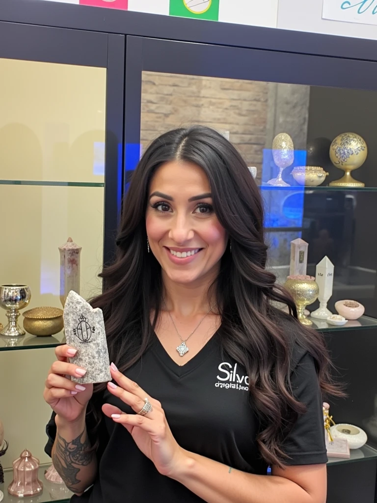 commercial logo with the name Silveira Crsytals written with drawings in crests and quartz and hearts and with a woman with one of the crystals in her hand with a tattoo on her arm and a little bit of nature like trees and plants with a magical background with colorful colors