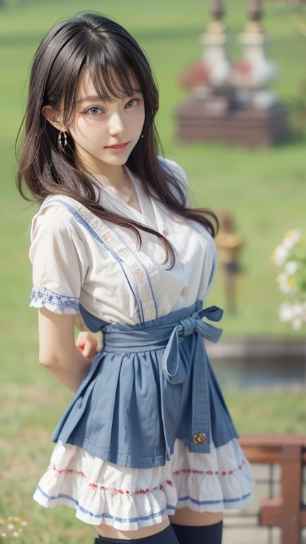 ((software: 1.4)), (software,彼女は白い刺繍の入った長いスカートをyesている, Red blouse with lace, A white apron is tied around her waist, Blue socks, Brown leather shoes.She has a blue scarf wrapped around her head. yes, Her accessories include necklaces., Earrings, bracelet. 1 girl)), Ultra-high resolution, (Realistic: 1.4), RAW Photos, Highest quality, (PhotoRealistic Stick), concentrated, Soft Light, (()), ((Japanese)), (( (Young Face))), (surface), (Depth of written boundary), masterpiece, (Realistic), woman, bangs, ((1 girl))