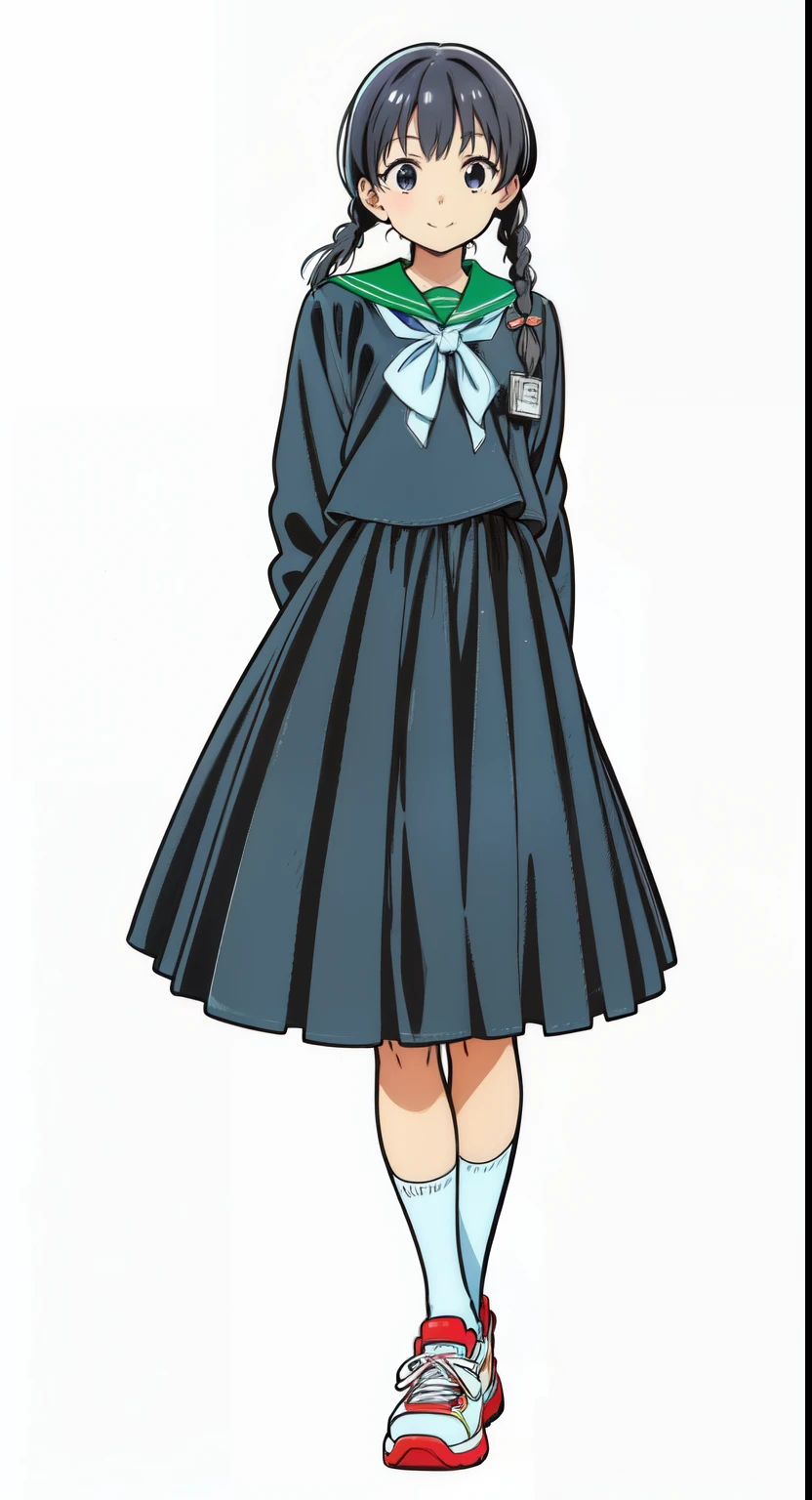 (white background:1.0), (best quality:1.0), (masterpiece:1.0), (super fine illustration:1.0), (beautiful artwork:1.0), (anime screencap:1.0), (official art:1.0), (full body:1.0), (solo:1.0), (a 14yo cute girl:1.0), (long skirt:1.0), (dark blue skirt:1.0), (pleated skirt:1.0), (dark blue sailor uniform:1.0), (long sleeve sailor uniform:1.0), (name tag:1.0), (sneakers:1.0), (white socks:1.0), (ideal ratio body proportions:1.0), (lanky:1.0), (tall:1.0), (slender:1.0), (small breasts:1.0), (smaller face:1.0), (tareme:1.0), (smile:1.0), (cheerful:1.0), (detailed beautiful eyes:1.0), (detailed beautiful face:1.0), (glowing black eyes:1.0), (short hair:1.0), (swept bangs:1.0), (twin braids:1.0), (black hair:1.0), (standing:1.0), (looking at viewer:1.0)