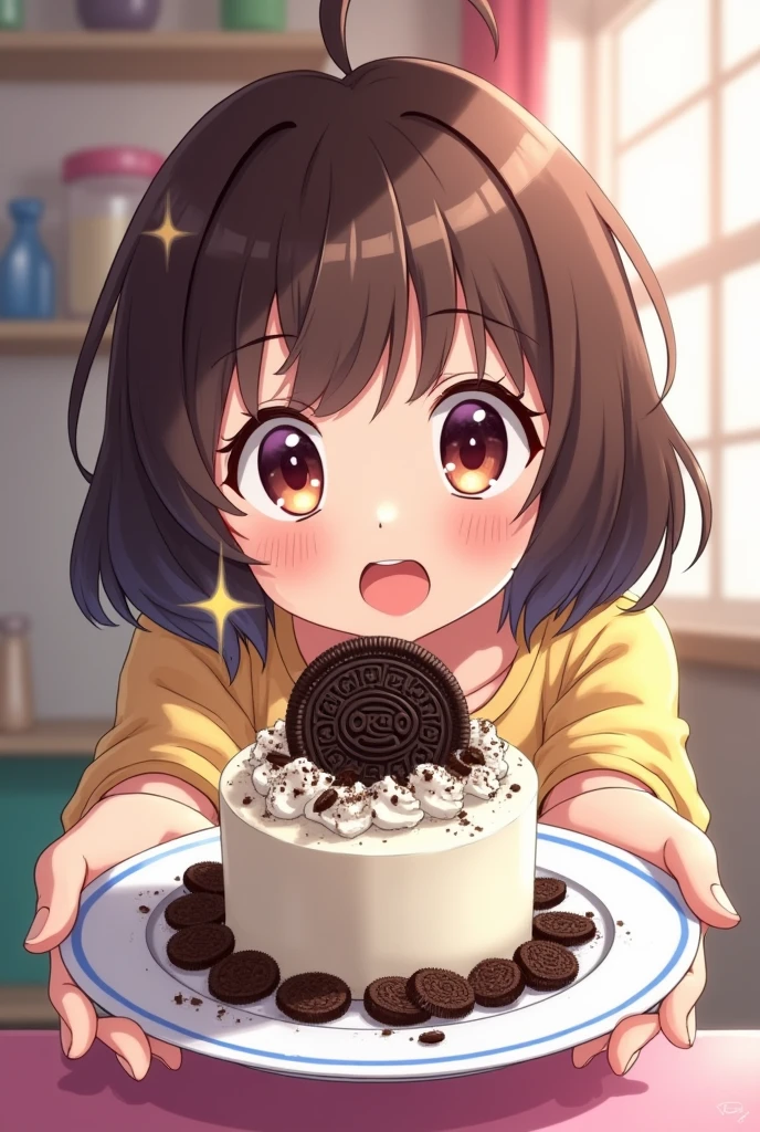 Person holding a plate with oreo cream on top in an anime container 