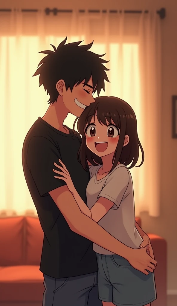 "A 21 year-old thin anime boy with short black hair playfully wraps his arms around his sister’s waist from behind in a warm, cozy room. He’s smiling in a mischievous, flirty yet cheerful way, while she laughs, her face showing a mix of shyness and joy as she leans slightly forward. Both are casually dressed, with the boy in a black t-shirt. The room is softly lit, with warm tones, creating a lighthearted and affectionate sibling moment."
