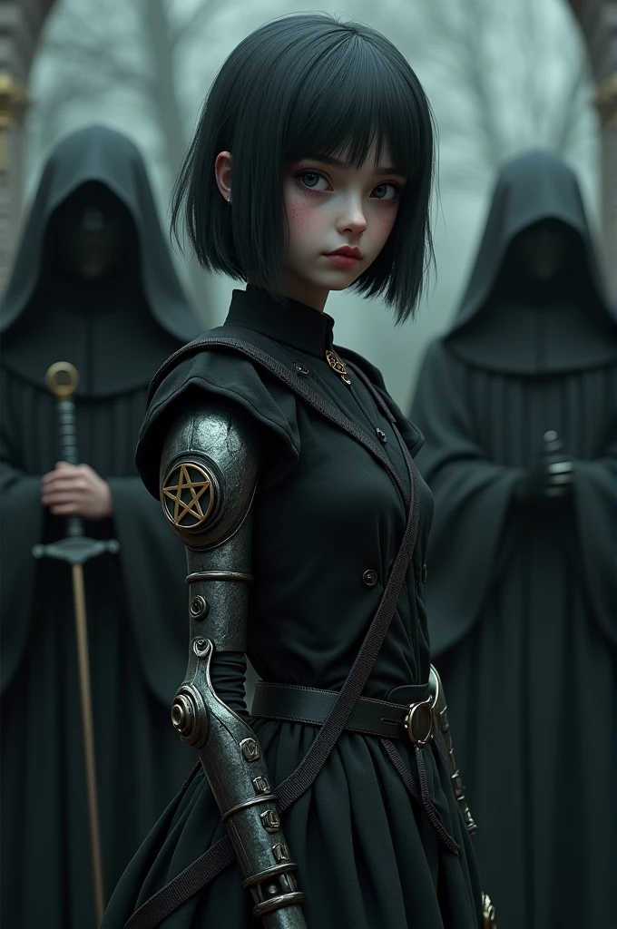 A pale girl with short black hair, from the middle ages 3D, realisitic, Arcane style, in dark alchemist clothes with a steampunk prosthetic left arm with a pentagram, cut on the face, Dagger at the waist, the night, with a religious group behind.