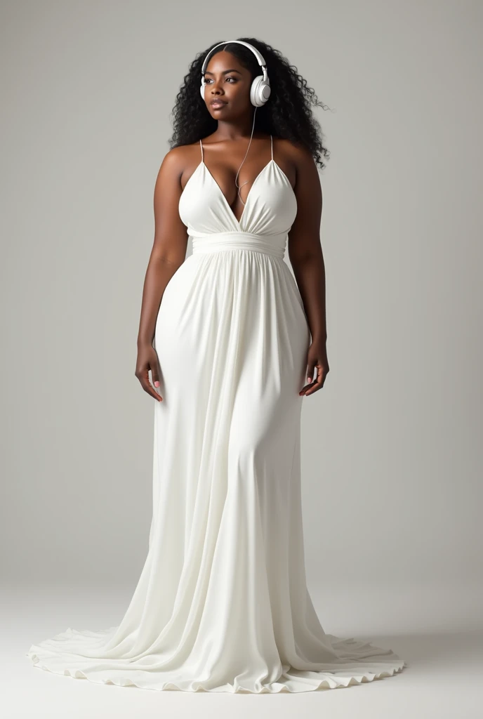 Create a standing portrait of a curvy dressed in white flowy dress, Black woman with beautiful caramel skin. She is listening to music with stylish, luxury headphones inspired by Kim Kardashian