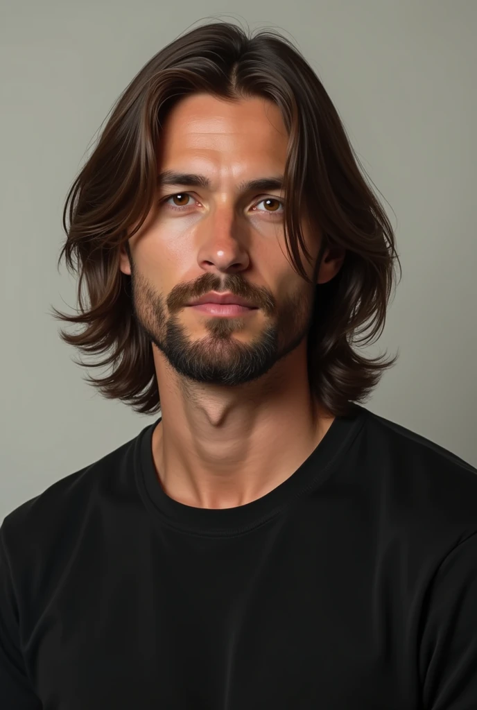 A white man with brown eyes and long brown hair, goatee and a black t-shirt