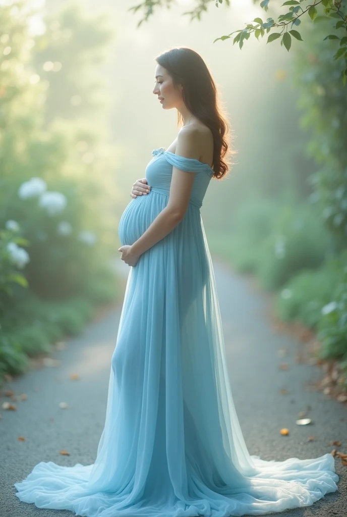 Pregnancy photoshoot , light blue flowing dress,