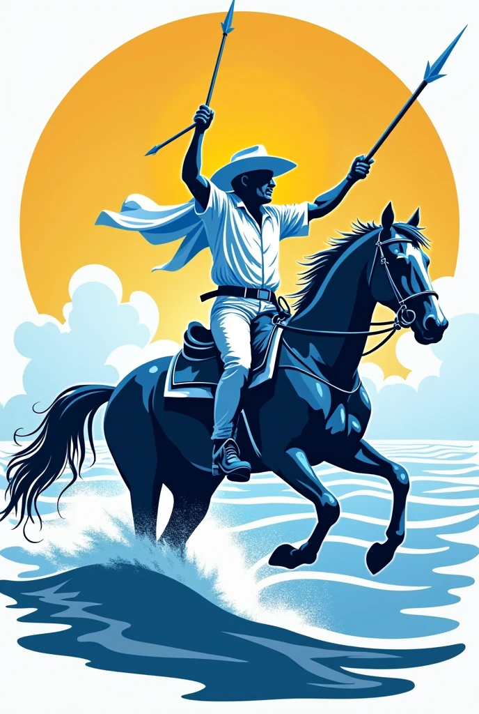 A logo, (Blue), golden sun in the center, a white gaucho riding a horse, on the sea and wielding a spear below the sun,