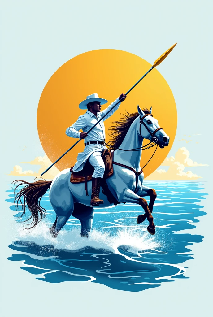 A logo, (Blue), golden sun in the center, a white gaucho riding a horse, on the sea and wielding a spear below the sun,
