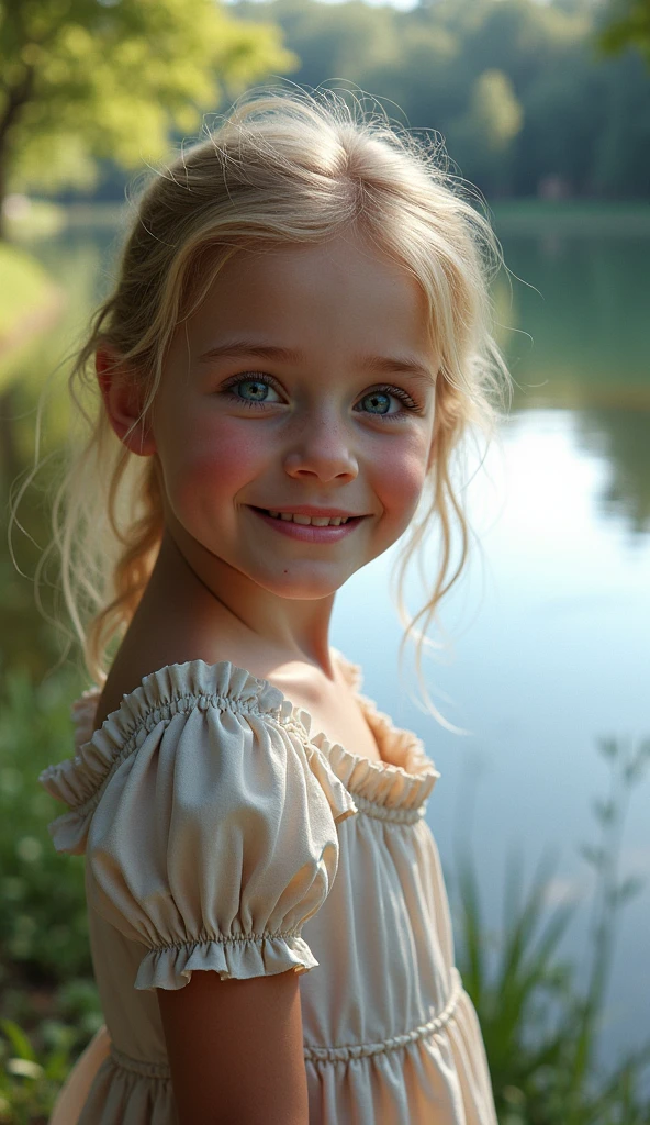 photorealistic image of french girl with bleu eyes of 4 years standing next to lac and looking to camera with smile, no animation, no 3D
