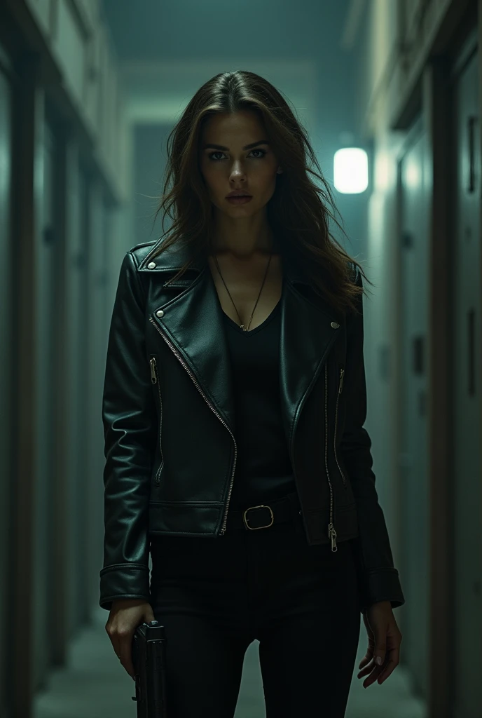 Woman in jacket holding gun to side