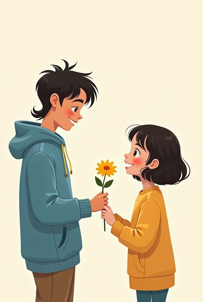 A skater boy with short mullet cut and black hair and blue hoodie giving a yellow flower to a light skinned girl with dark brown hair and blonde streaks and dressed in a 2d animated image
