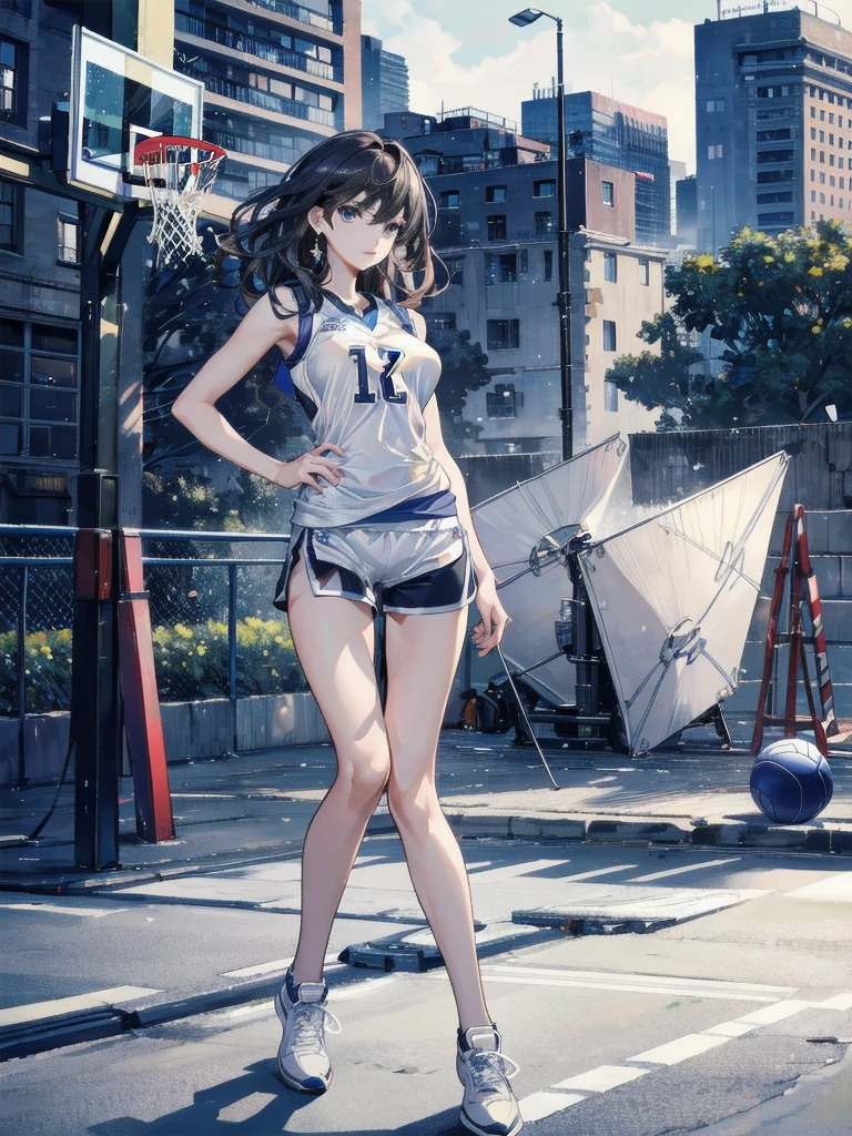 absurdres, RAW photo, extremely delicate and beautiful, masterpiece, Highest Quality, ultra high resolution, 32k, hyperrealistic, realistic, photorealistic, photo-realistic, Real, ultra-detailed, Very detailed CG 8k wallpaper, detailed background, landscape, Beautiful Lighting, Perfect Lightning, Realistic Shadows, perfect anatomy, anatomically correct, ideal ratio body proportions, perfect figure, Perfect Style, Perfect balance, super Detailed skin, 20 years old, very Slim body, narrow waist, very small head, very small face, delicate facial features, handsome detailed woman, very detailed eyes and face, realistic face proportions, Realistic beautiful face, Realistic beautiful eyes, tearful mole, earring, full body shot, whole body shot, very huge round tits, medium hair, asymmetrical hair, wavy hair, leg, thigh, Basketball Uniforms, Shorts, Basketball court,
