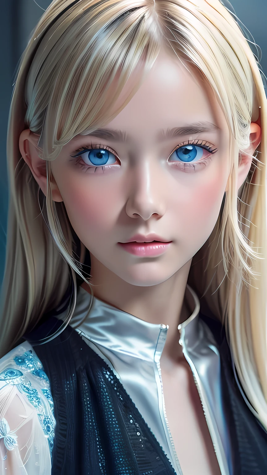 Highest quality、8K masterpiece、Ultra-high resolution、(Realistic:1.3)、RAW Photos、 A stunningly beautiful girl with shining blonde Scandinavian descent、Silvery blonde hair、Super long straight hair、Bangs between the eyes、Bangs that fall over the eyes、Bangs over one eye、Bangs between the eyes、Incredibly white, glowing skin、1. Cyberpunk Super Beautiful Soldier、((Ultra-Realistic Details))、Portraiture、Global Illumination、Shadow Realm、Octane Rendering、8k、Ultra Sharp、metals、Cool colors、、Very intricate details、Realistic Light、Trends of the CG Association、Very beautiful big bright blue eyes、Very big eyes、Eyes shining at the camera、Neon Details、Small Face Beauty、Round face、Highlights of cheek luster、eyeliner