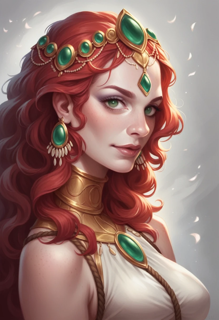 A tall and graceful dancer woman, just over 2 meters tall, wears red silk clothing with rope and leather detail on the neck, ivory skin, long and curly bright red hair, green eyes, practically a model, on her face she wears a lots of makeup, especially black around the eyes, detailed portrait, high quality digital art, 8K, photorealistic, cinematic lighting, dramatic color palette, fantasy concept art