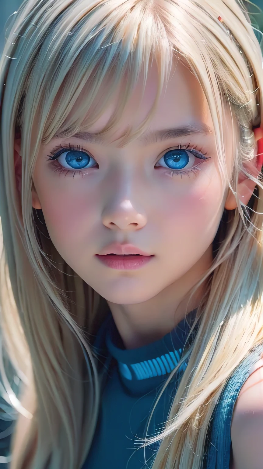 Highest quality、8K masterpiece、Ultra-high resolution、(Realistic:1.3)、RAW Photos、 A stunningly beautiful girl with shining blonde Scandinavian descent、Silvery blonde hair、Super long straight hair、Bangs between the eyes、Bangs that fall over the eyes、Bangs over one eye、Bangs between the eyes、Incredibly white, glowing skin、1. Cyberpunk Super Beautiful Soldier、((Ultra-Realistic Details))、Portraiture、Global Illumination、Shadow Realm、Octane Rendering、8k、Ultra Sharp、metals、Cool colors、、Very intricate details、Realistic Light、Trends of the CG Association、Very beautiful big bright blue eyes、Very big eyes、Eyes shining at the camera、Neon Details、Small Face Beauty、Round face、Highlights of cheek luster、eyeliner